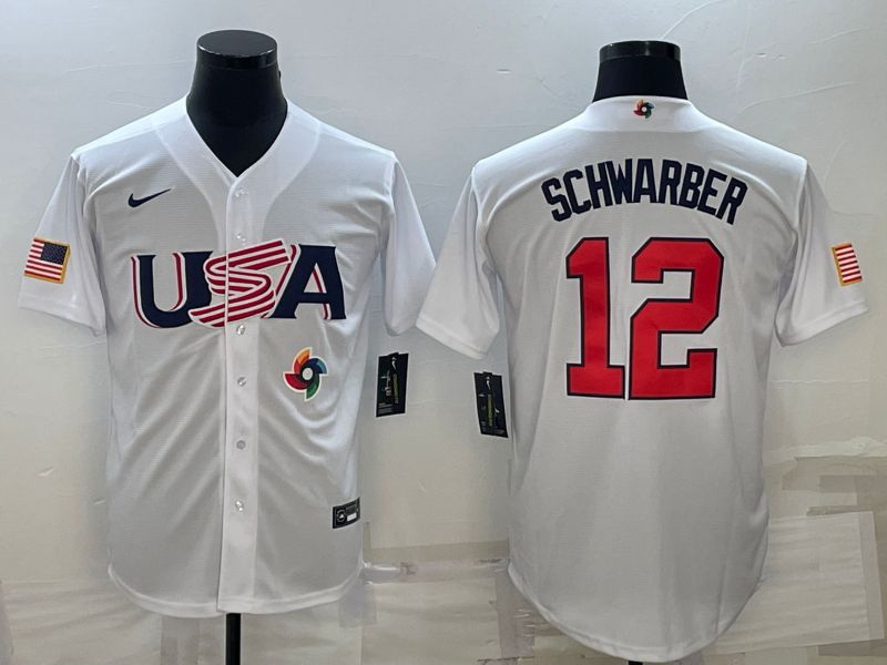 Men 2023 World Cub USA 12 Schwarber White Nike MLB Jersey9